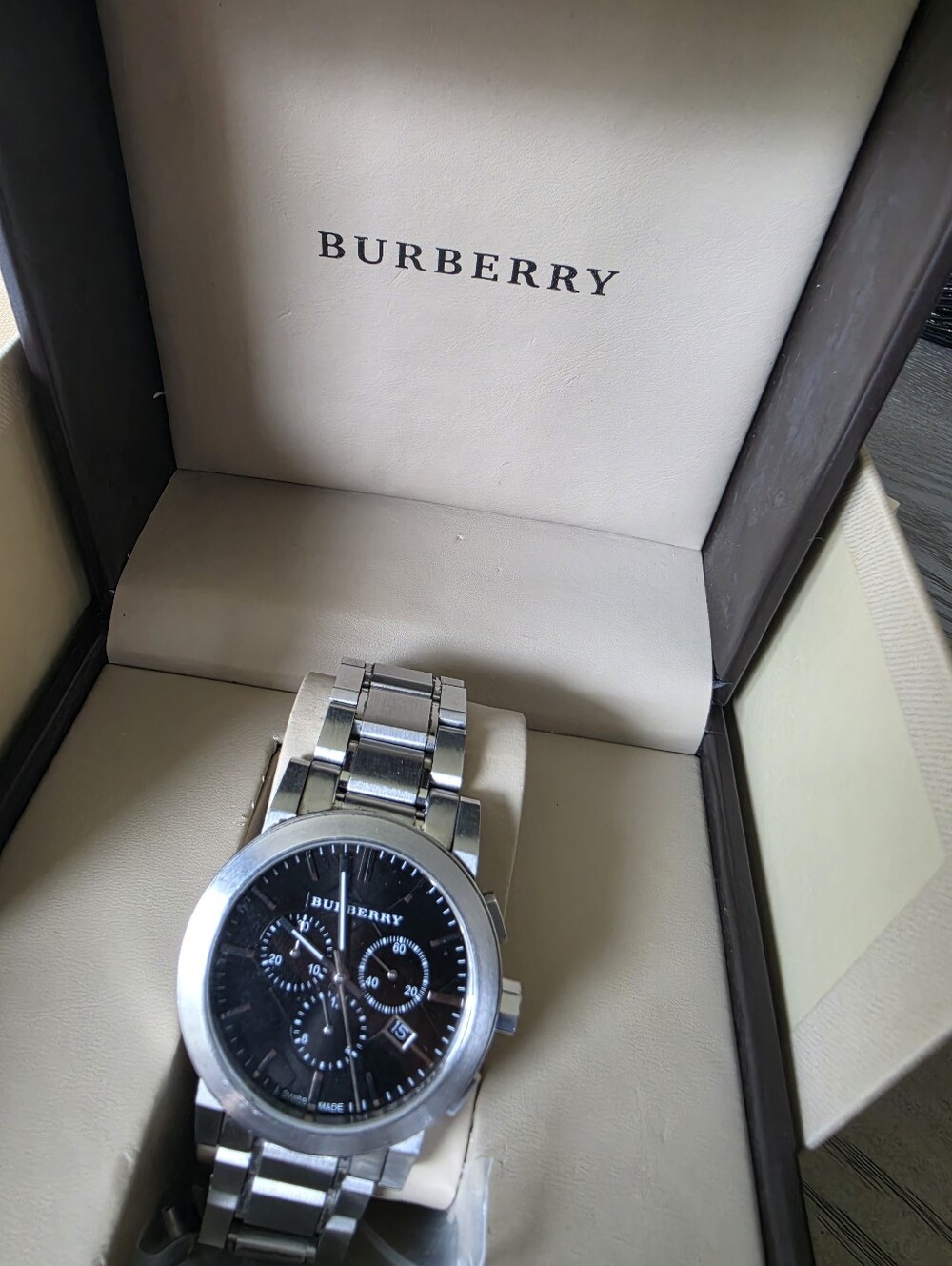 Authentic Burberry Silver Stainless Steel Chronograph Watch with Black Dial